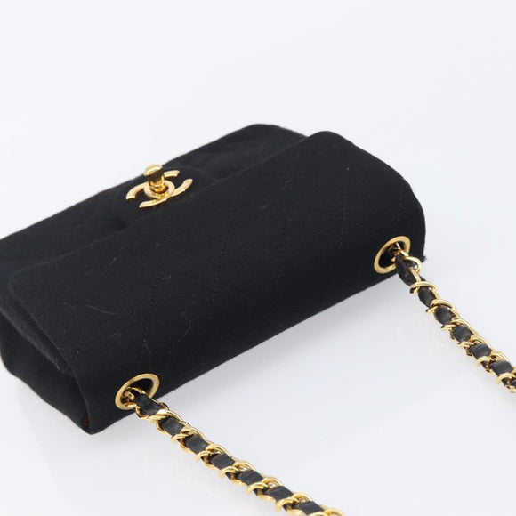 CHANEL Mini Matelasse 18 Chain Shoulder Bag Cotton Black Gold CC Auth 211216SAV