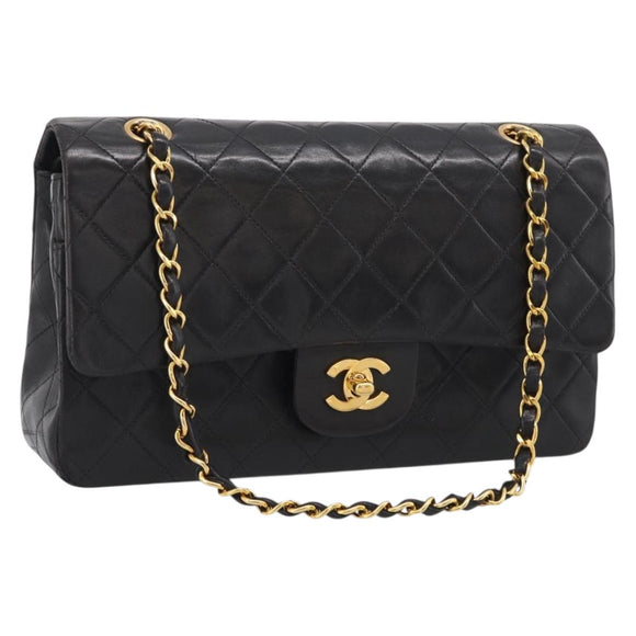 CHANEL Matelasse 25 Chain Shoulder Bag Lamb Skin Black Gold CC Auth 211217SAV