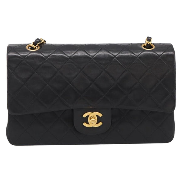 CHANEL Matelasse 25 Chain Shoulder Bag Lamb Skin Black Gold CC Auth 211217SAV