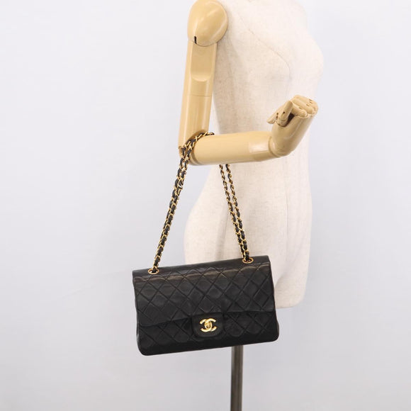 CHANEL Matelasse 25 Chain Shoulder Bag Lamb Skin Black Gold CC Auth 211217SAV