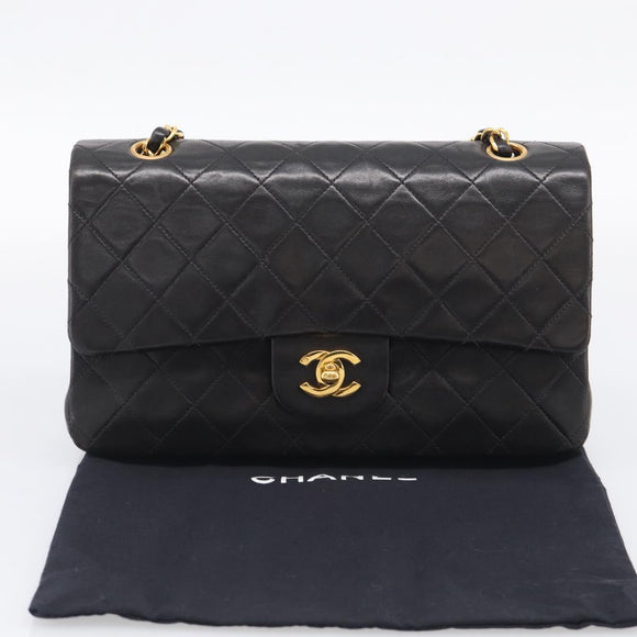 CHANEL Matelasse 25 Chain Shoulder Bag Lamb Skin Black Gold CC Auth 211217SAV
