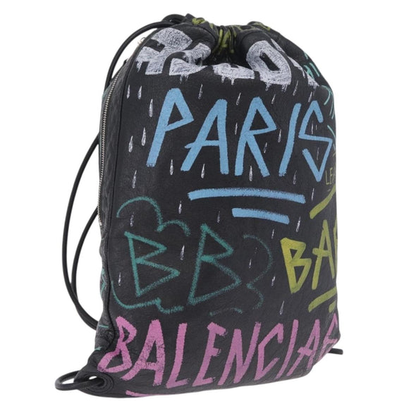 Balenciaga Graffiti Bazaar Drawstring Bag Leather Black 581779 Auth 211220V