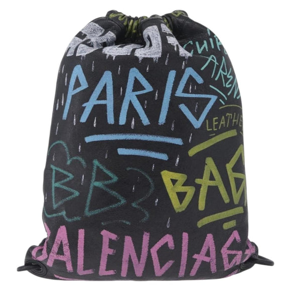 Balenciaga Graffiti Bazaar Drawstring Bag Leather Black 581779 Auth 211220V