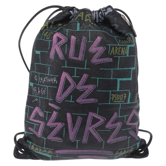 Balenciaga Graffiti Bazaar Drawstring Bag Leather Black 581779 Auth 211220V