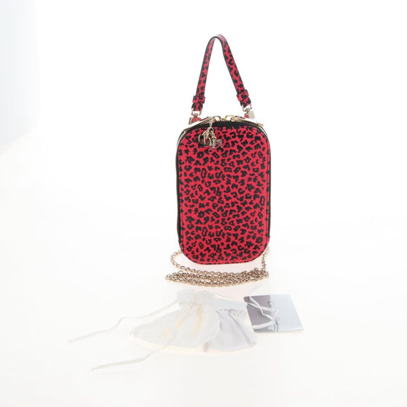 Christian Dior Phone Holder Chain Shoulder Bag Leather Red Gold Auth 211249V