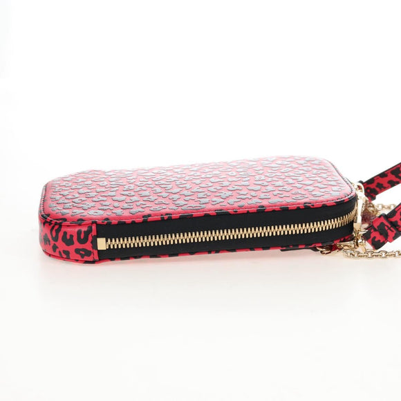 Christian Dior Phone Holder Chain Shoulder Bag Leather Red Gold Auth 211249V