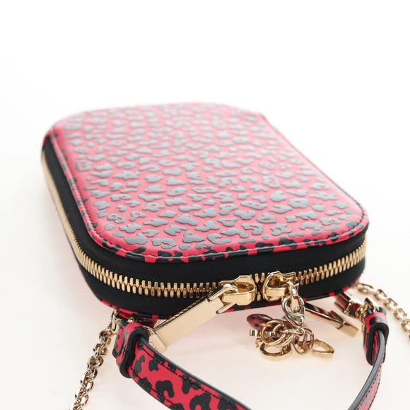 Christian Dior Phone Holder Chain Shoulder Bag Leather Red Gold Auth 211249V