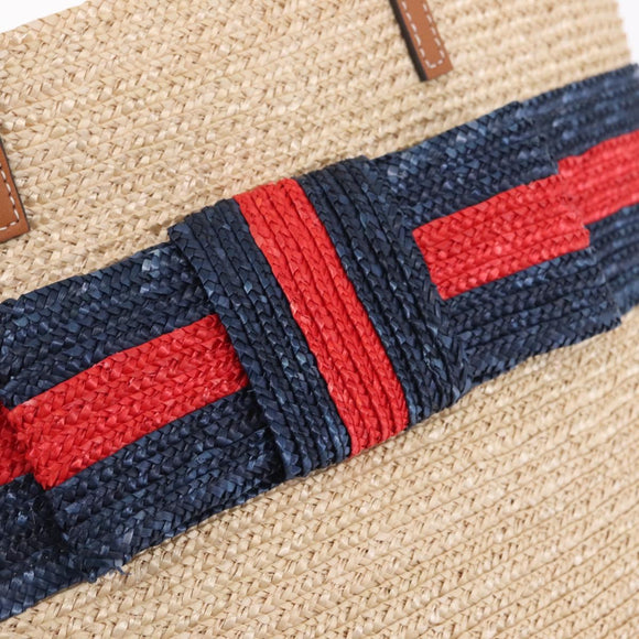 GUCCI Hand Bag straw Beige Navy 814540 Auth 211285V