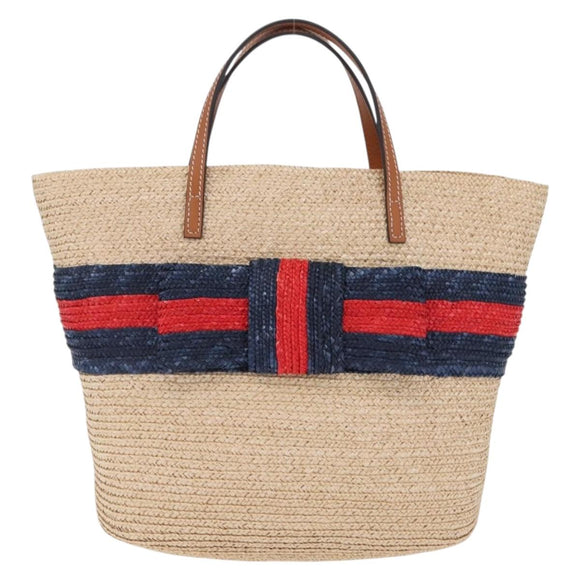 GUCCI Hand Bag straw Beige Navy 814540 Auth 211285V