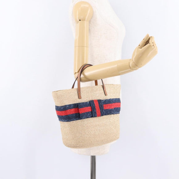 GUCCI Hand Bag straw Beige Navy 814540 Auth 211285V