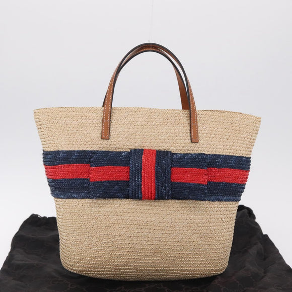 GUCCI Hand Bag straw Beige Navy 814540 Auth 211285V