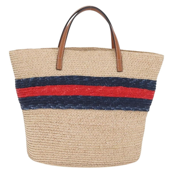 GUCCI Hand Bag straw Beige Navy 814540 Auth 211285V