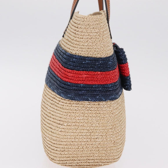 GUCCI Hand Bag straw Beige Navy 814540 Auth 211285V