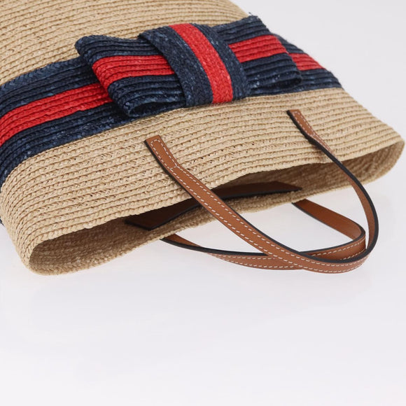 GUCCI Hand Bag straw Beige Navy 814540 Auth 211285V