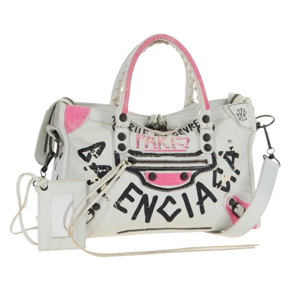 Balenciaga Graffiti Classic City S Bag Leather 2way White 431621 Auth 211307V