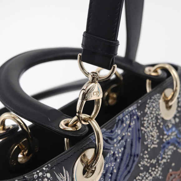 Christian Dior Lady Dior Hand Bag Leather 2way Black Gold Auth 211318SM