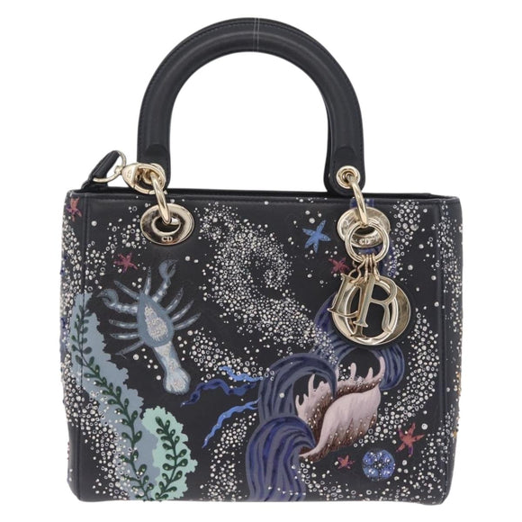 Christian Dior Lady Dior Hand Bag Leather 2way Black Gold Auth 211318SM