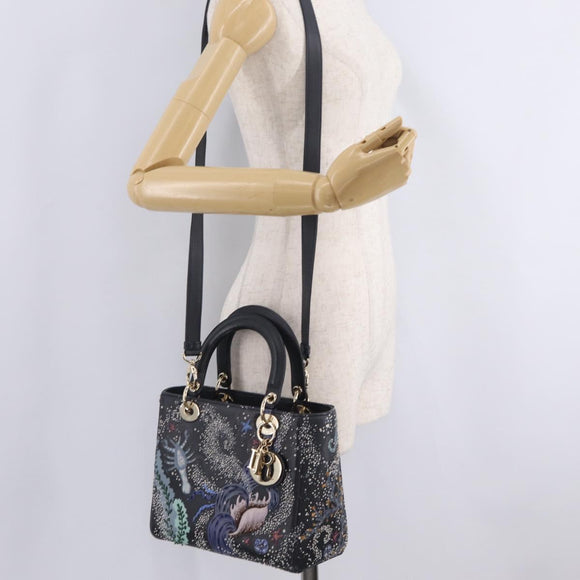 Christian Dior Lady Dior Hand Bag Leather 2way Black Gold Auth 211318SM