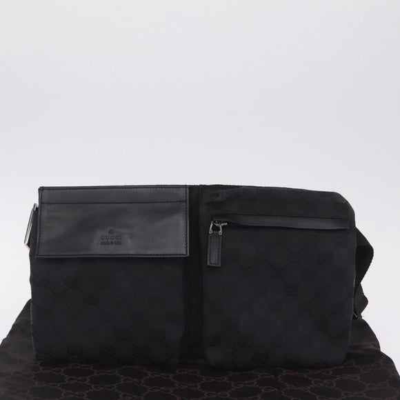 GUCCI GG Canvas Waist Bag Black Silver 28566 Auth 211373V