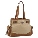 PRADA Tote Bag Nylon Leather Beige Silver Auth 211377V-1