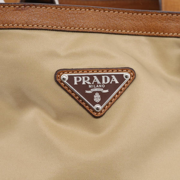 PRADA Tote Bag Nylon Leather Beige Silver Auth 211377V