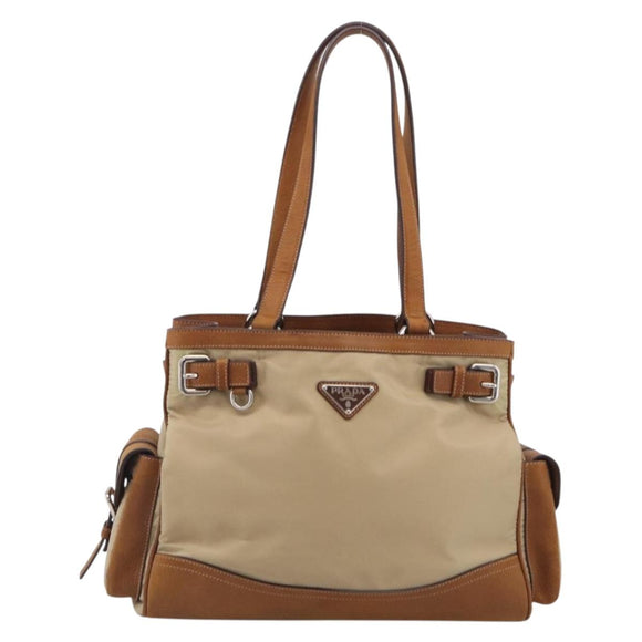 PRADA Tote Bag Nylon Leather Beige Silver Auth 211377V