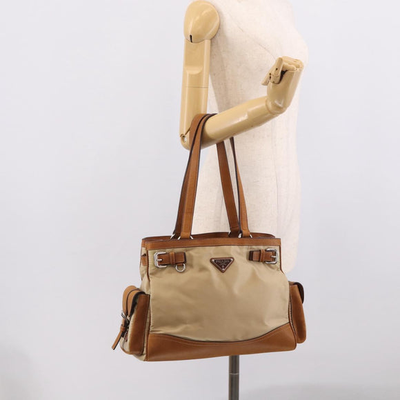 PRADA Tote Bag Nylon Leather Beige Silver Auth 211377V