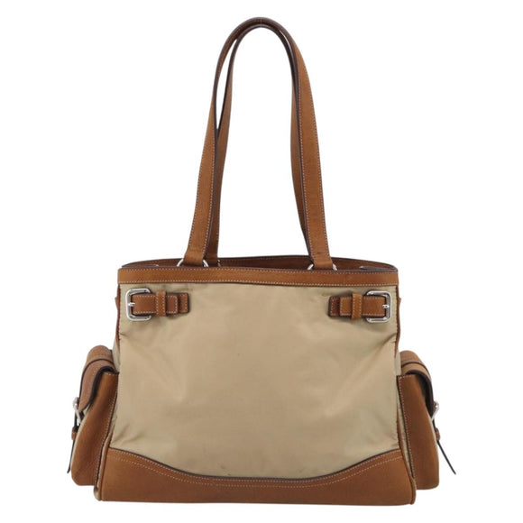 PRADA Tote Bag Nylon Leather Beige Silver Auth 211377V