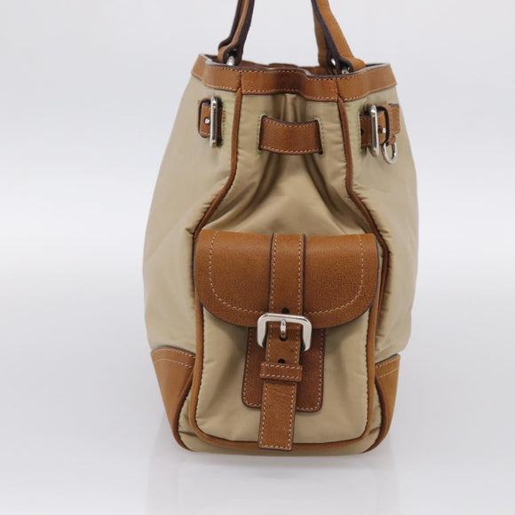 PRADA Tote Bag Nylon Leather Beige Silver Auth 211377V
