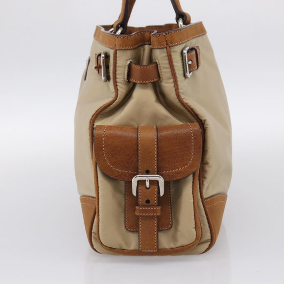 PRADA Tote Bag Nylon Leather Beige Silver Auth 211377V