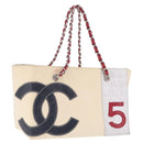 CHANEL Choco Bar Chain Shoulder Tote Bag Canvas Ivory Silver CC Auth 211378V-1