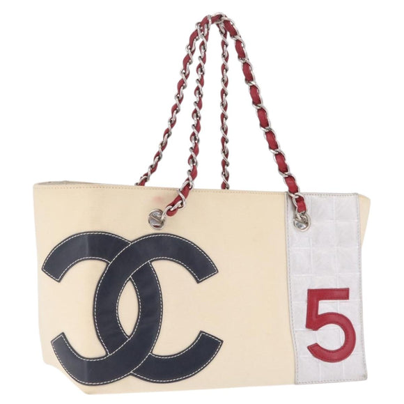 CHANEL Choco Bar Chain Shoulder Tote Bag Canvas Ivory Silver CC Auth 211378V