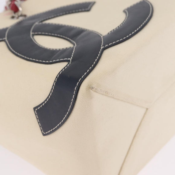 CHANEL Choco Bar Chain Shoulder Tote Bag Canvas Ivory Silver CC Auth 211378V