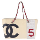 CHANEL Choco Bar Chain Shoulder Tote Bag Canvas Ivory Silver CC Auth 211378V-2