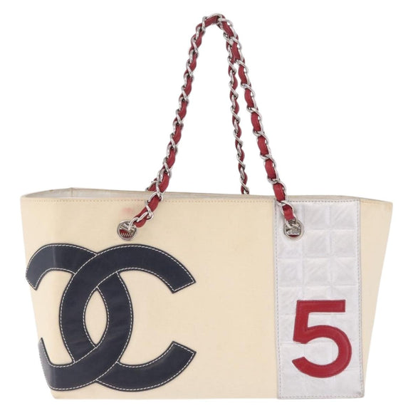 CHANEL Choco Bar Chain Shoulder Tote Bag Canvas Ivory Silver CC Auth 211378V