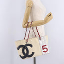 CHANEL Choco Bar Chain Shoulder Tote Bag Canvas Ivory Silver CC Auth 211378V-21