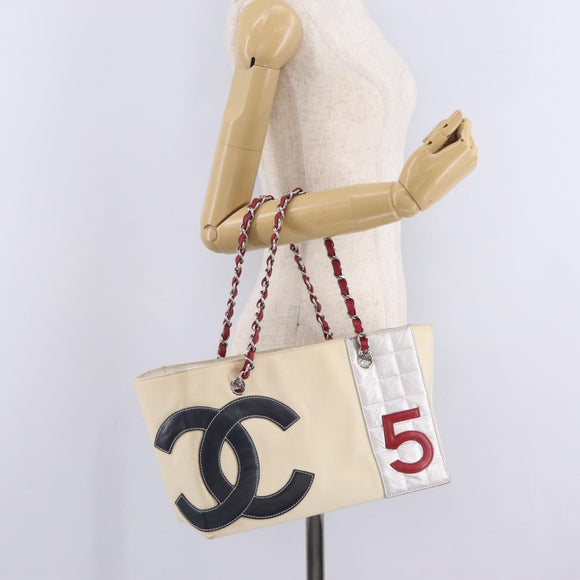 CHANEL Choco Bar Chain Shoulder Tote Bag Canvas Ivory Silver CC Auth 211378V