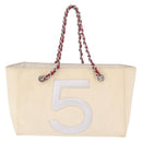 CHANEL Choco Bar Chain Shoulder Tote Bag Canvas Ivory Silver CC Auth 211378V-3