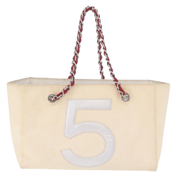 CHANEL Choco Bar Chain Shoulder Tote Bag Canvas Ivory Silver CC Auth 211378V