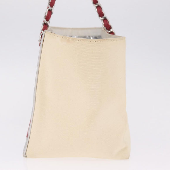 CHANEL Choco Bar Chain Shoulder Tote Bag Canvas Ivory Silver CC Auth 211378V