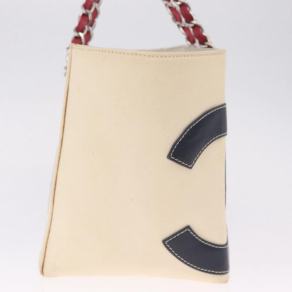 CHANEL Choco Bar Chain Shoulder Tote Bag Canvas Ivory Silver CC Auth 211378V
