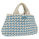 PRADA Hand Bag Raffia Light Blue Gold Auth 211391V-1