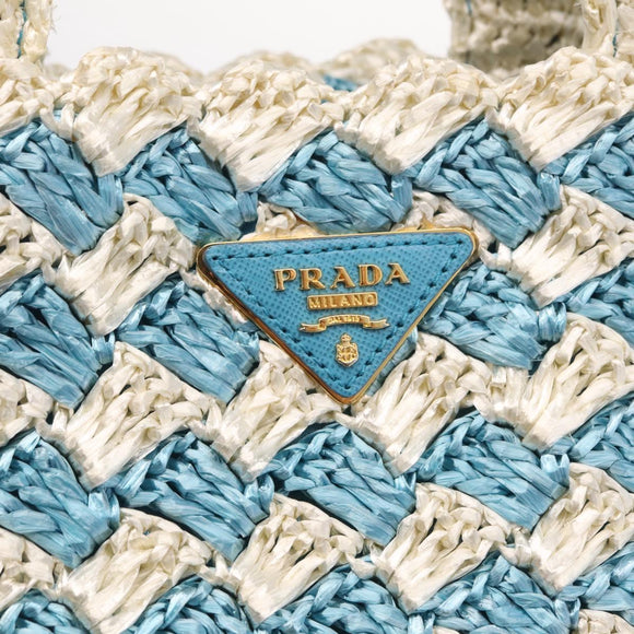 PRADA Hand Bag Raffia Light Blue Gold Auth 211391V