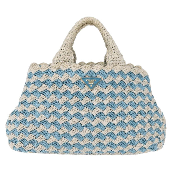 PRADA Hand Bag Raffia Light Blue Gold Auth 211391V
