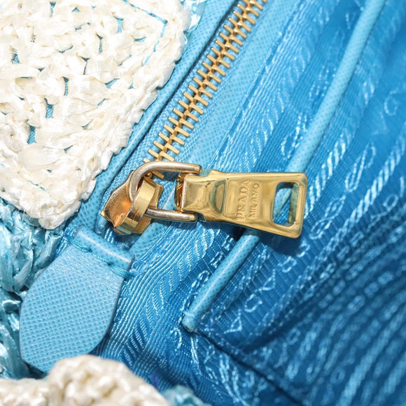 PRADA Hand Bag Raffia Light Blue Gold Auth 211391V