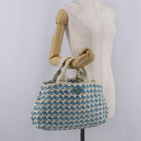PRADA Hand Bag Raffia Light Blue Gold Auth 211391V