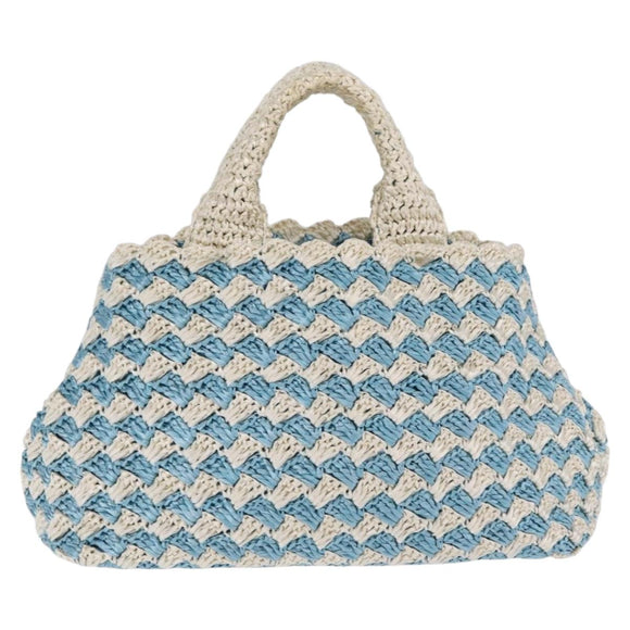 PRADA Hand Bag Raffia Light Blue Gold Auth 211391V