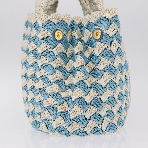 PRADA Hand Bag Raffia Light Blue Gold Auth 211391V