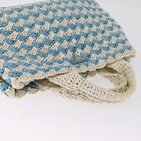 PRADA Hand Bag Raffia Light Blue Gold Auth 211391V