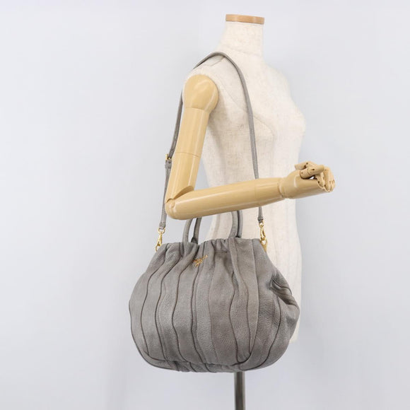 PRADA Hand Bag Leather 2way Gray Gold Auth 211404V